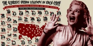 A vintage looking woman is scared in front of a map with the scariest urban legends by state.