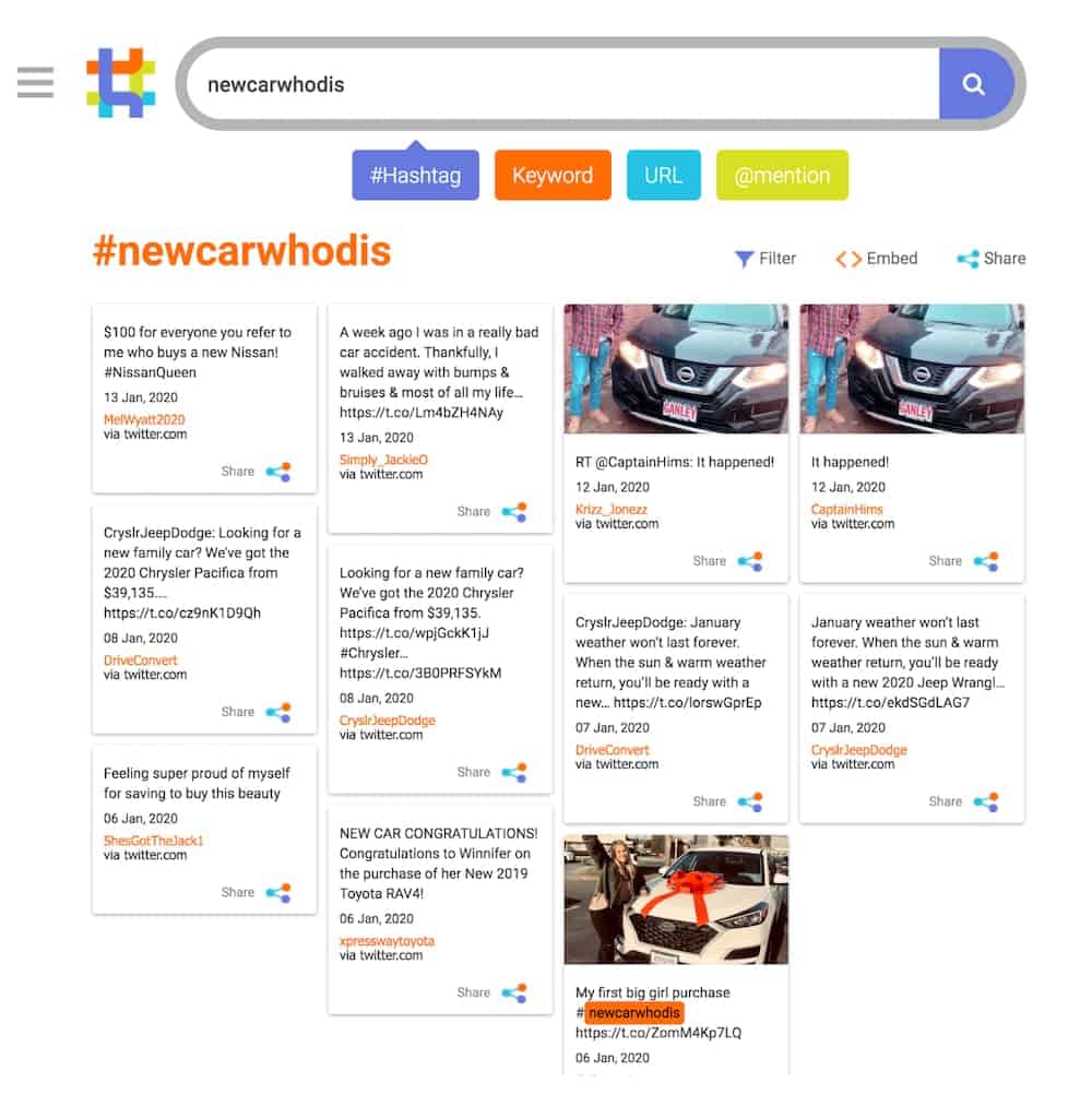 A list of posts about #newcarwhodis is shown, some relating to the 2020 Chevy Trax vs 2020 Ford EcoSport.