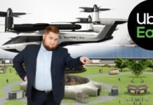In live auto news, a man in a suit is pointing while a hovercraft flies above an advanced civilization with an Uber Eats sign.