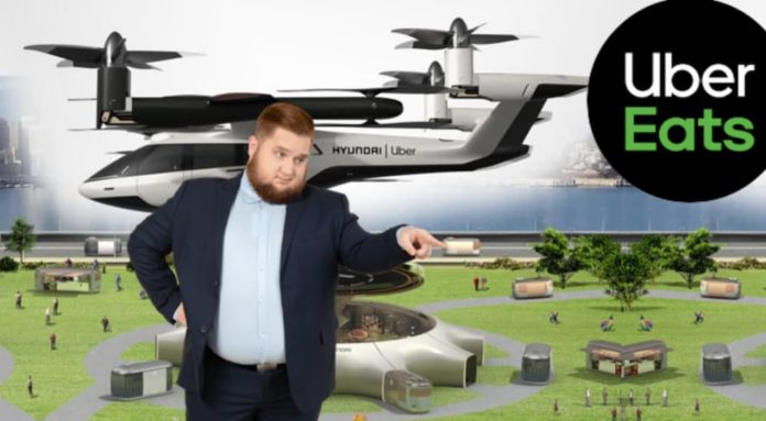 In live auto news, a man in a suit is pointing while a hovercraft flies above an advanced civilization with an Uber Eats sign.