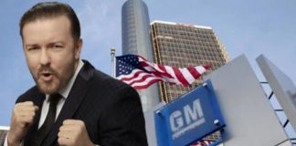 Ricky Gervais is putting his fists up next to the GM building, which may help those looking for used cars in Albany, NY.