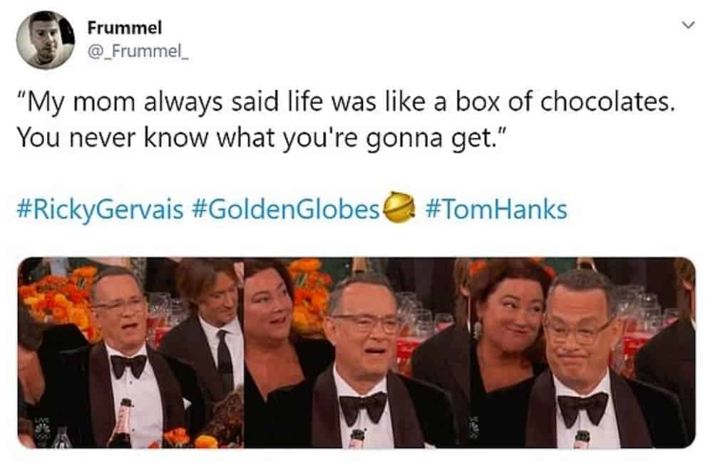 A Tweet involving a Tom Hanks meme from the Golden Globes is shown.