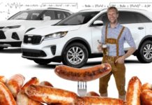 A German man is behind sausages, which are surrounded by equations to compare the 2020 Chevy Blazer vs 2020 Kia Sorento.