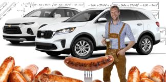 A German man is behind sausages, which are surrounded by equations to compare the 2020 Chevy Blazer vs 2020 Kia Sorento.