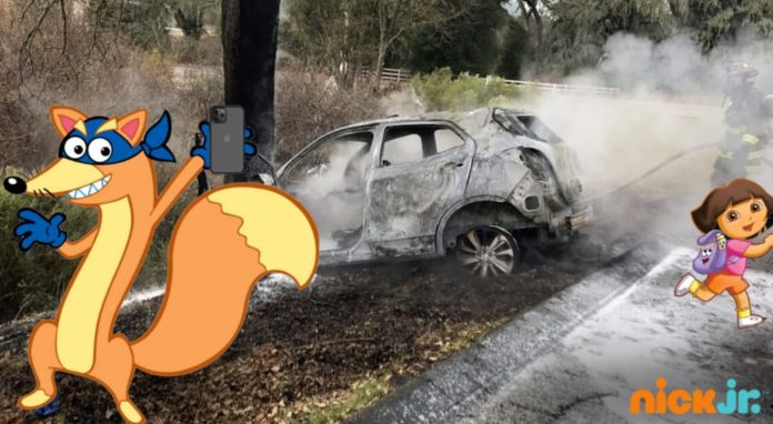 Swiper and Dora are next to a crashed car to help people decide between the 2020 Ford Explorer vs 2020 Chevy Traverse.