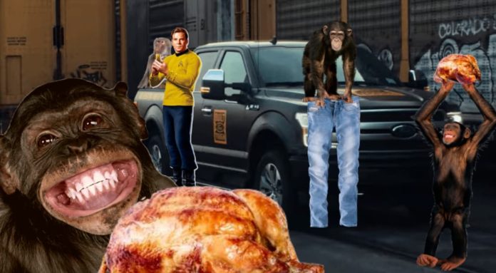 Monkeys, roasted chickens, pants, and Captain Kirk are surrounding an e-F-150, which will be new amongst Ford trucks for sale.
