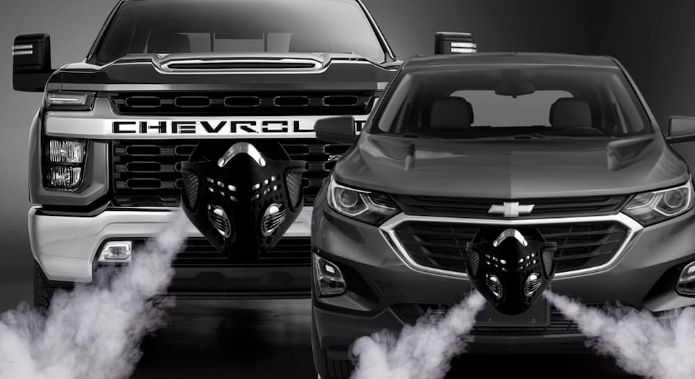 Two Chevy vehicles are masked with PLagueTech and shown in black and white.