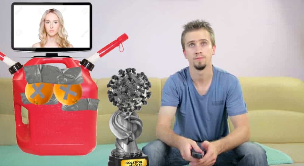 A man is next to an award and a fake girlfriend made out of a gas can.