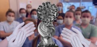 Hospital staff in masks and gloves are clapping for an Isolation All-Star Award.