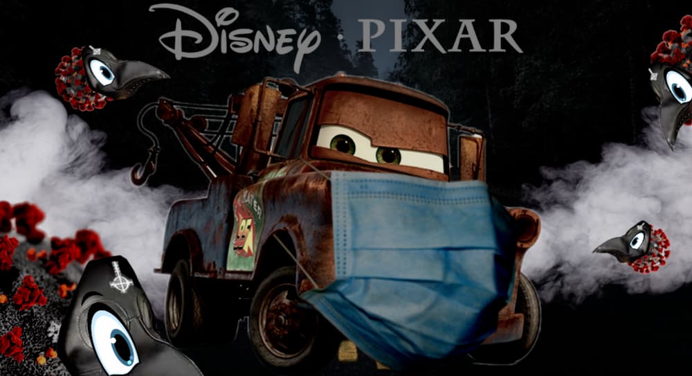 Mater from Disney's Cars is wearing a mask for Coronavirus. 