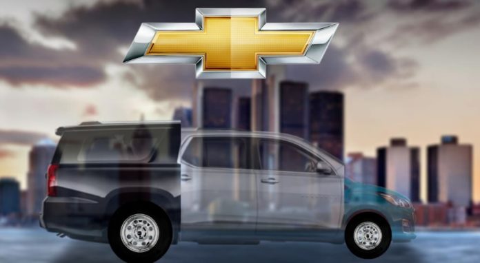 A 2021 Chevy Subavark, which is part 2020 Chevy Spark and part Suburban, is under the Chevy emblem in front of a city skyline.