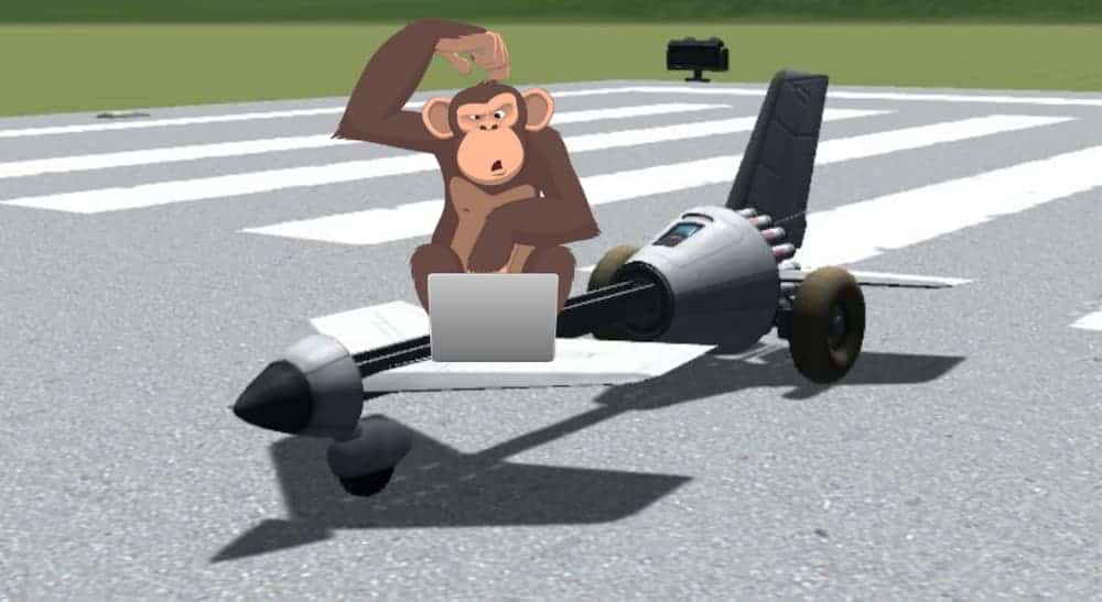 A cartoon monkey is on a rocket with a laptop.