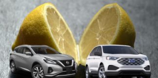 A 2020 Ford Edge vs 2020 Nissan Murano are in front of a divided lemon.