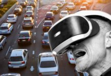 A traffic jam is shown with a man screaming wearing a VR headset.