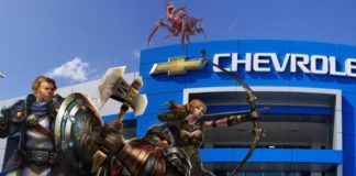 D&D characters are in front of a Chevy dealership.