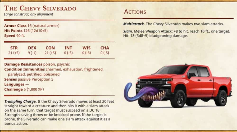 A D&D stat block displays the information and stats for a red Chevy Silverado monster.