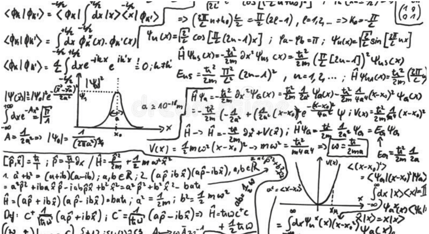 A complex formula is shown on a whiteboard.