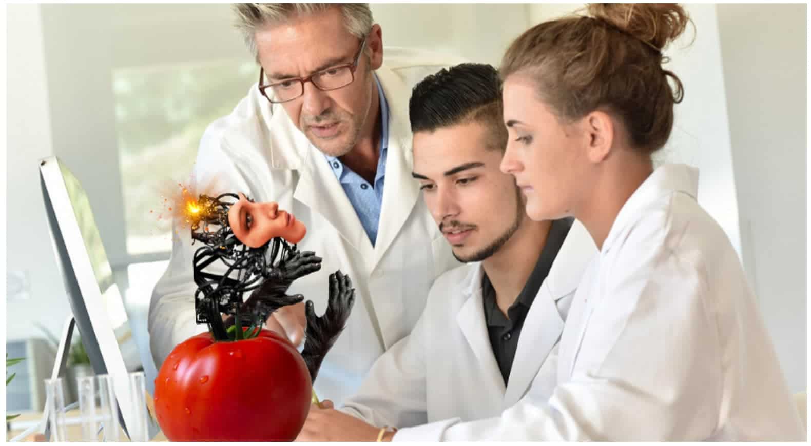 The scientists look at a robot/tomato hybrid.