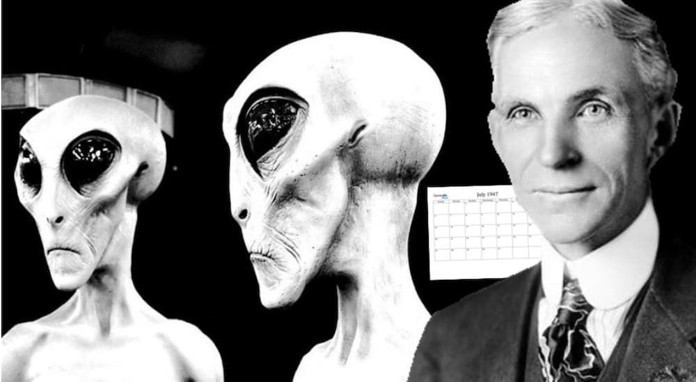 A black and white photo shows Henry Ford with a calendar and aliens.
