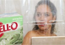 A woman is in a shower comparing 2020 Chevy Equinox vs 2020 Nissan Rogue with a box of pistachio pudding.