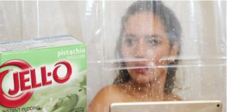 A woman is in a shower comparing 2020 Chevy Equinox vs 2020 Nissan Rogue with a box of pistachio pudding.