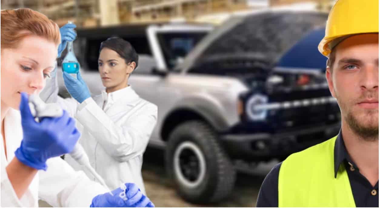 Scientists and an assembly worker are in front of a 2021 Ford Bronco.