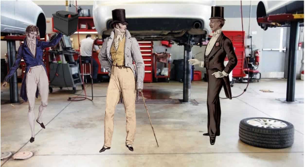 Three Victorian men are in front of cars in a shop.