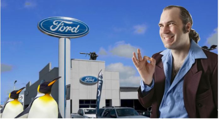 A salesman is in front of a dealership with used Fords for sale, a sniper, and penguins.