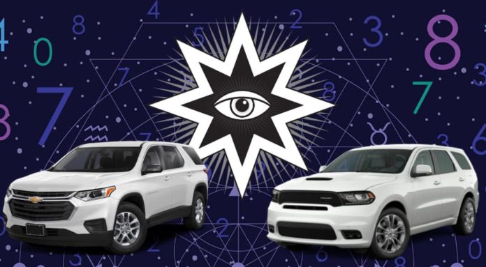 In a comparison of the 2020 Chevy Traverse vs 2020 Dodge Durango, both vehicles are shown in white in front of numbers and an eye graphic.
