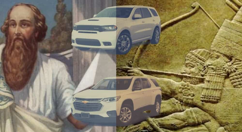 The 2020 Chevy Traverse and 2020 Dodge Durango are shown next to a philosopher and ancient carvings.