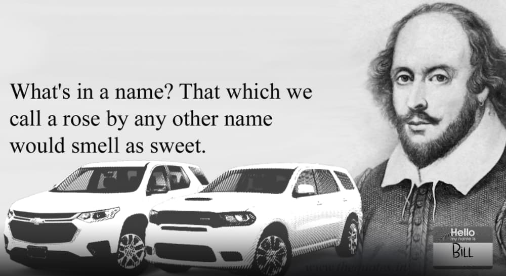 William Shakespeare is next to the 2020 Chevy Traverse and 2020 Dodge Durango, shown in black and white, with a quote above.