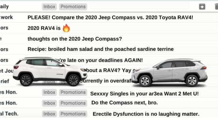 Side profiles of the 2020 Jeep Compass vs 2020 Toyota RAV4 are shown in front of an inbox of emails.