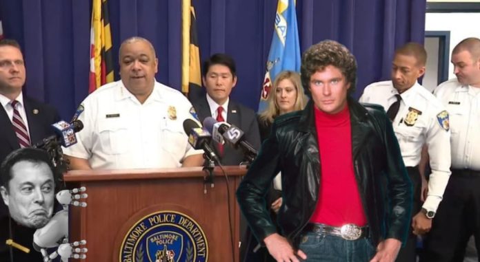 A group of people including Elon Musk and Michael Knight are at a podium discussing live auto news at a police press conference.