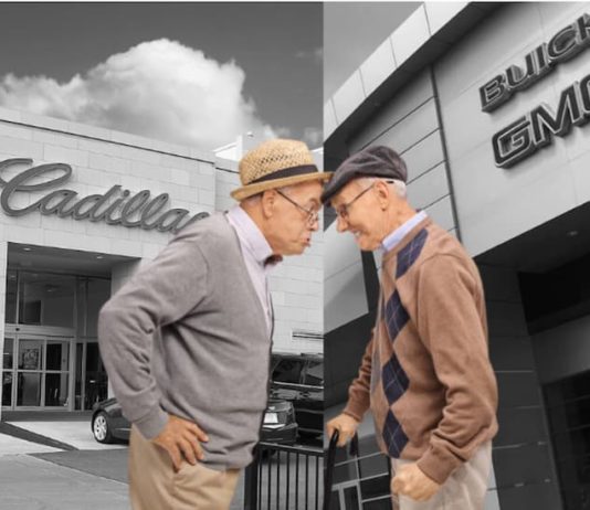 Two grumpy old men at the dealership arguing about why the Cadallic won in the 2020 Cadillac XT6 vs 2020 Buick Enclave competition.
