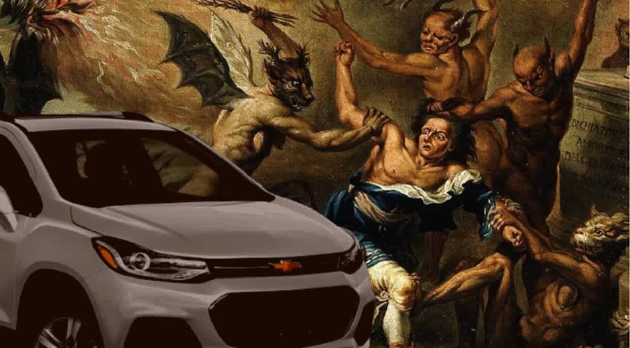 A white 2021 Chevy Trax is shown in front of demons persecuting a man.