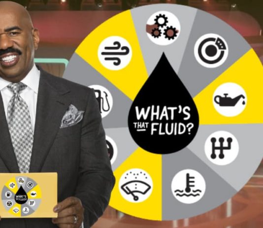 Steve Harvey hosting the game show What's That Fluid.