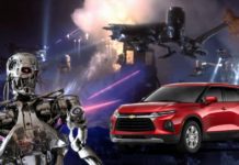 A red 2021 Chevy Blazer is in the middle of a fight scene with robots and alien ships.