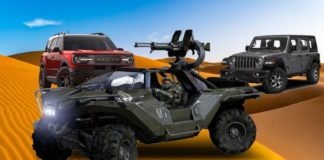 A Warthog is parked in front of a 2021 Ford Bronco Sport and 2021 Jeep Wrangler in the desert, which is a close comparison to the 2021 Ford Bronco Sport vs 2021 Jeep Renegade.
