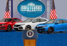 A red, a white, and a blue 2021 Honda Civic are at a US press conference podium.
