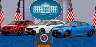 A red, a white, and a blue 2021 Honda Civic are at a US press conference podium.