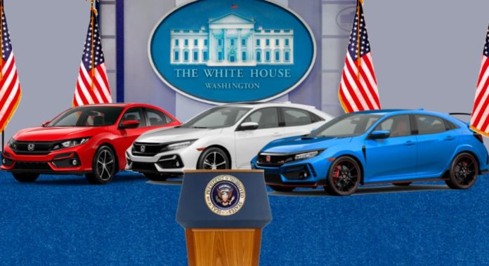 A red, a white, and a blue 2021 Honda Civic are at a US press conference podium.