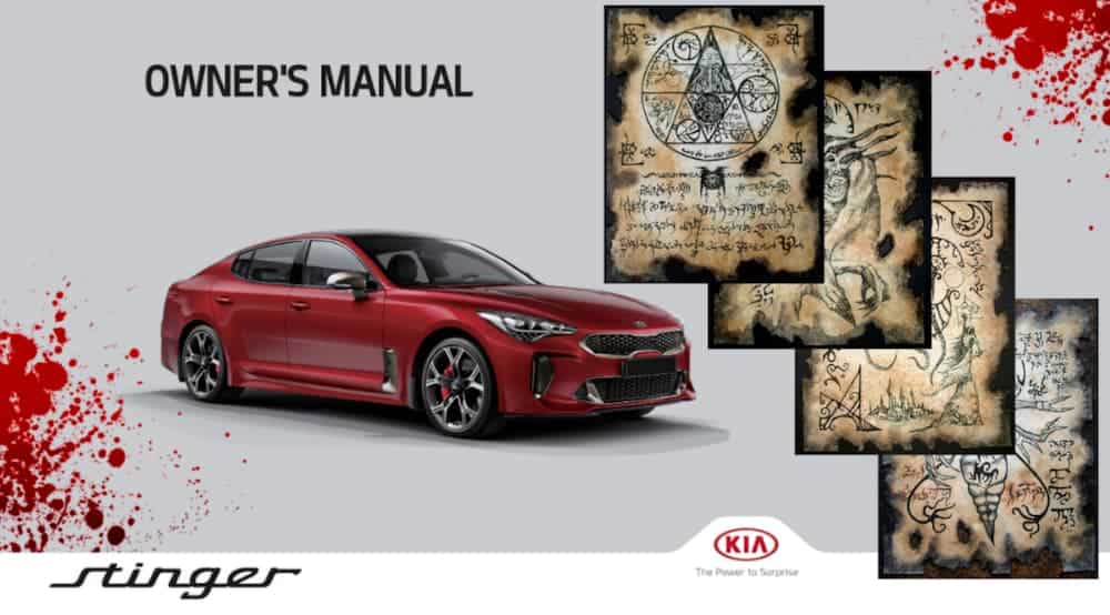 A red 2021 Kia Stinger is shown next to ancient diagrams which may be part of the owner's manual.