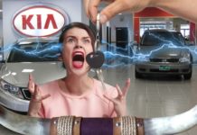 A woman is screaming at a Kia dealership showing bull horns and electricity.
