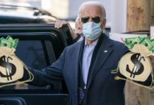President-elect Joe Biden is about to get into a car while holding sacks of money while wearing mask and sunglasses.