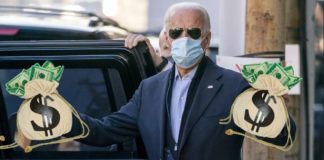 President-elect Joe Biden is about to get into a car while holding sacks of money while wearing mask and sunglasses.