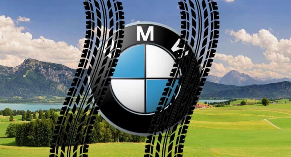Tire marks are over the BMW emblem in front of a field and mountains.