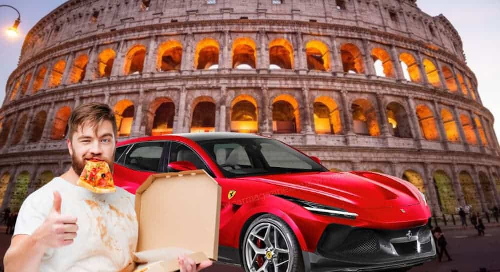 A man eating pizza is in front of a red Ferrari and the Colosseum.