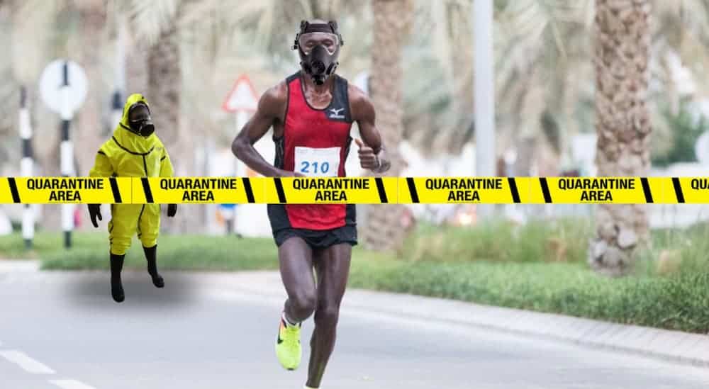 A marathon runner in a gas mask is running toward a tape line that says Quarantine Area.