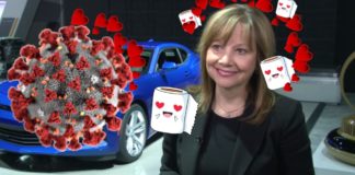 A side-by-side is shown of a virus cell and Mary Barra with hearts floating over them.
