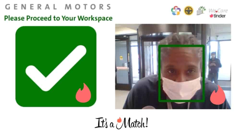 General Motors and a person with a mask on are shown matching on Tinder.